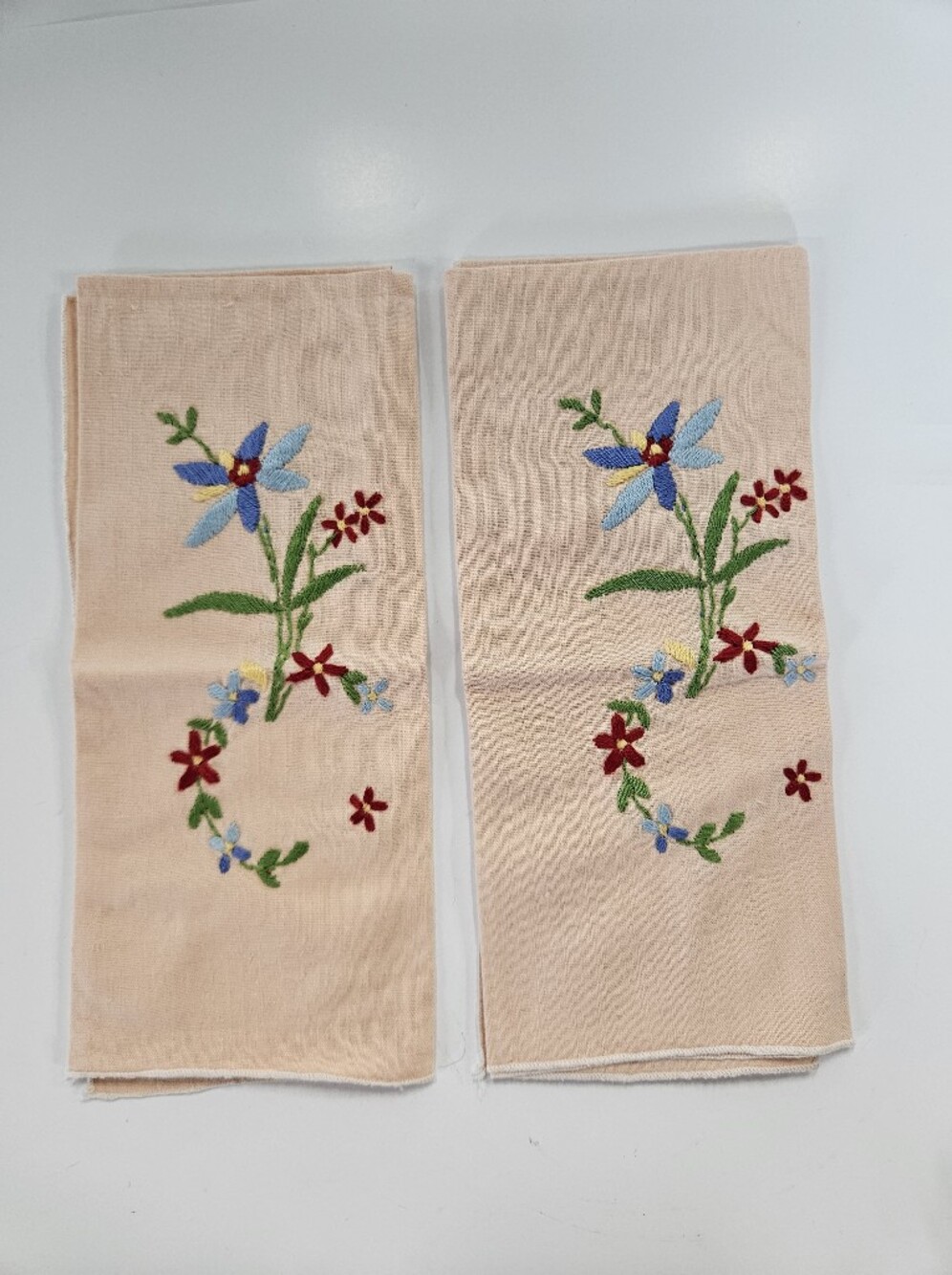Hand-Embroidered Vintage Floral Tea Towels in Peach with Blue & Red Flowers